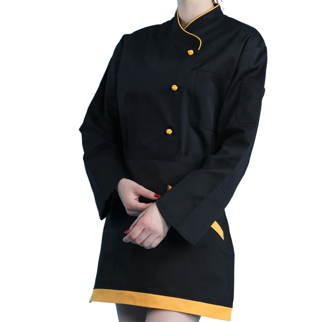 Polyester Cotton Blend 195GSM to 235GSM Black Body Orange Piping Border Button  Latest Cook Wear Single Breasted Chef Uniform
