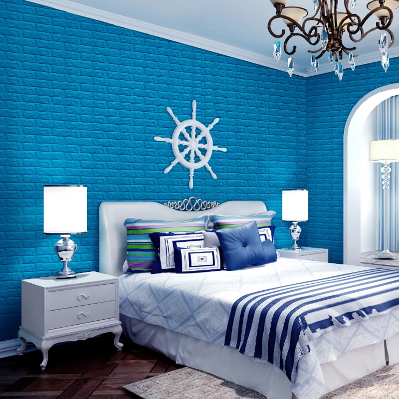 3d blue brick PE foam bedroom wallpaper to match with curtains