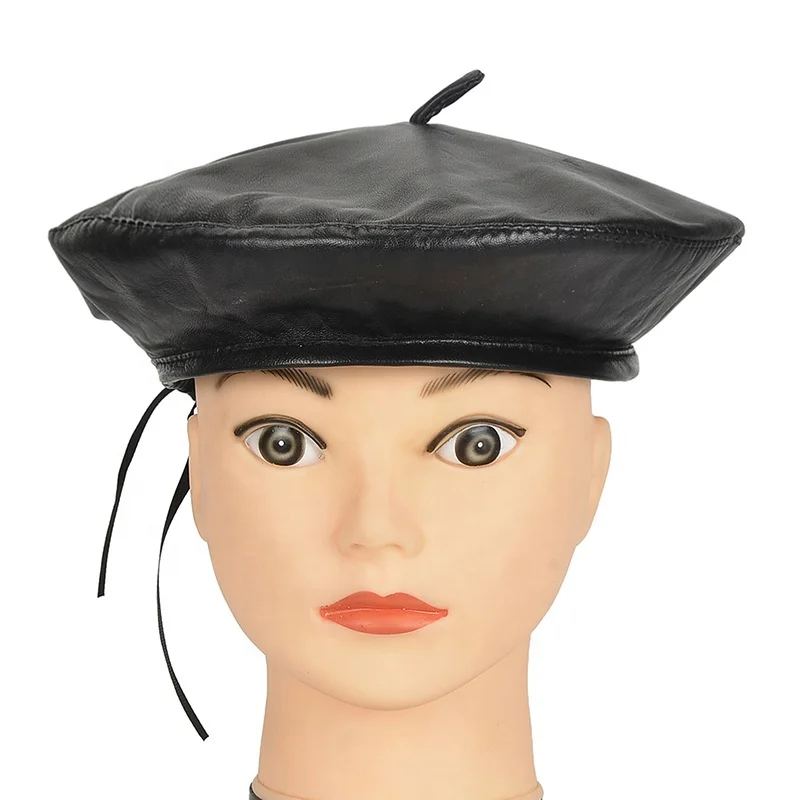 Top Quality Black Sheepskin Genuine Leather French Beret