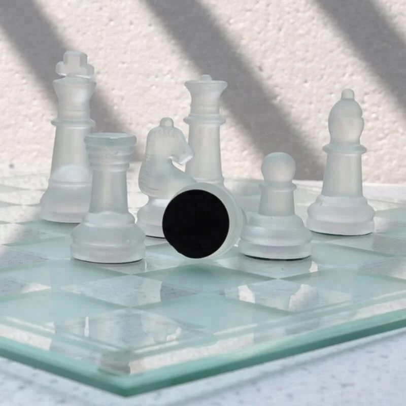 Glass Chess Set and Checker Board Elegant White and Frosted Pieces 7.5"