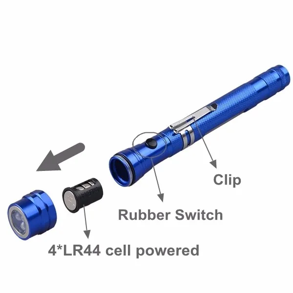 Magnetic Pick up Tool Lamp Work Light 3 LED Blue Telescopic Torch