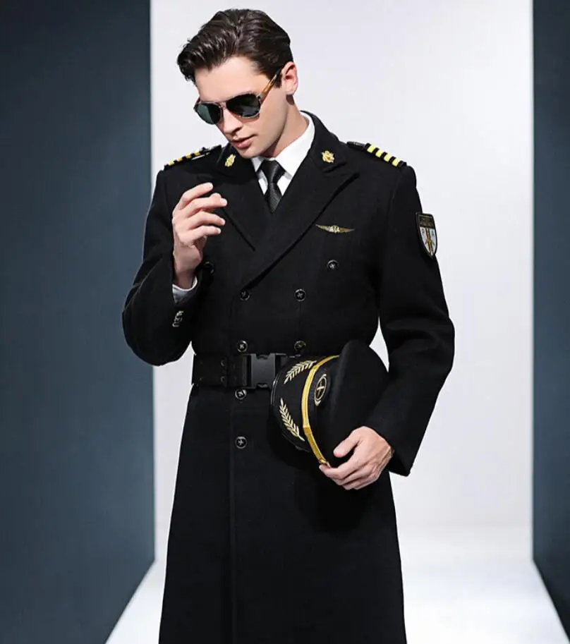 Men's Winter Wool Long Overcoat Design Pilots Uniform for Airline Use