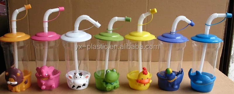 Plastic Farm Animal Molded Cups with Lids & Straws