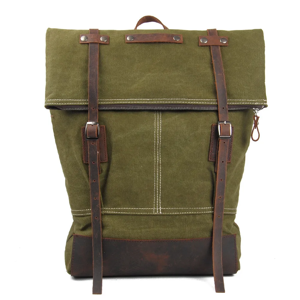 Retro Waterproof Men Canvas Travel College Backpack Roll Top Bag