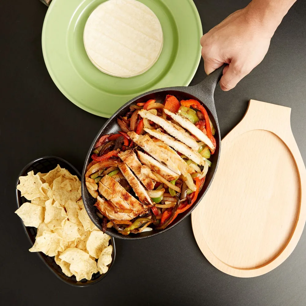 Овальная чугунная тарелка Fajita для запекания сковородок с деревянной основой