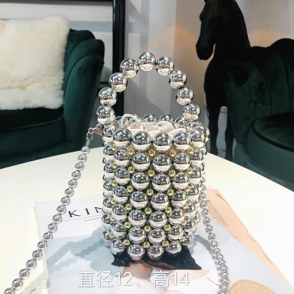 Zara Pearl Beaded Mini Bucket Bag Silver Chain Lined