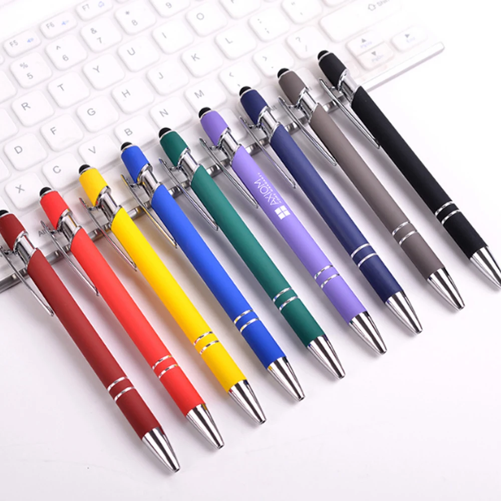 2025 Simple Metal Cheapest Two Circle Click Rubber Paint Touch Stylus Ball Pen With Custom Logo Colorful Aluminum Pen