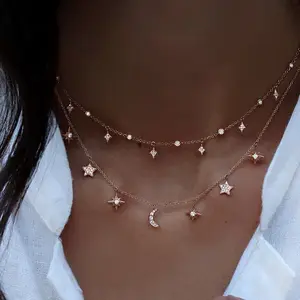 925 Sterling Silver Two Layered Cz Gold Star and Moon Choker Necklace Metal Silver Necklace Chokers Jewelry Moon for Women