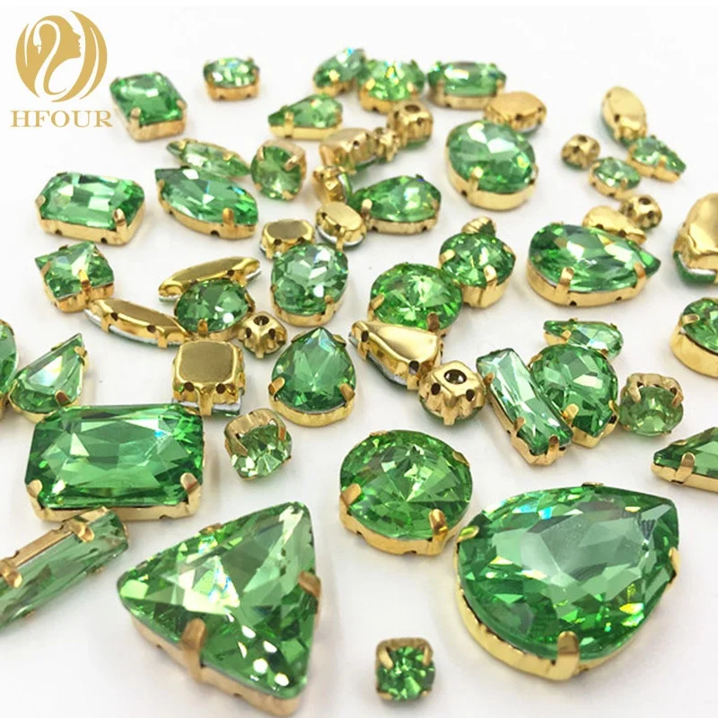 Light Green Mixed Shape Glass Flatback Rhinestone Sew-On Loose Rhinestones with Golden Claw