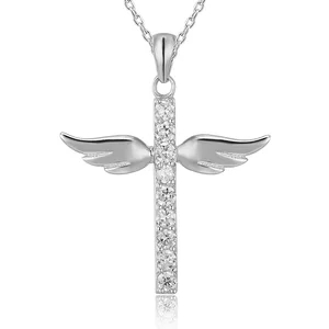 POLIVA 925 Sterling Silver Rhodium Plated Angel Wing Cross Pendant | Religious Inspirational Necklace for Men Women