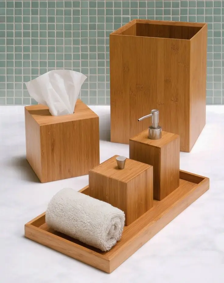 Bamboo Bath Accessories Set  Bathroom accessories, Wooden bathroom  accessories, Bath accessories set