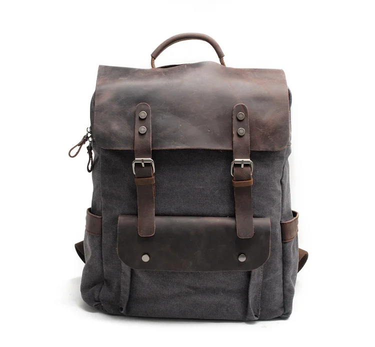 8064K-1Vintage Crazy Horse Leather Outdoor Laptop Men Canvas Backpack