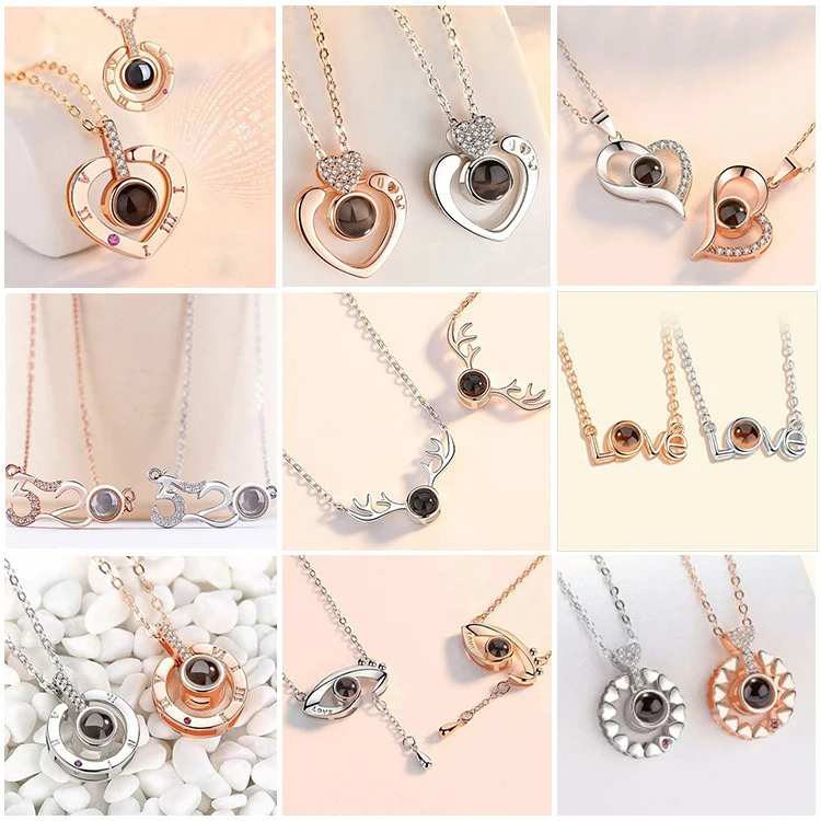 Romantic Memory Rose Gold Letter Round Crystal Pendant Necklace 100 Languages Projection I Love You Necklace for Lover Couples