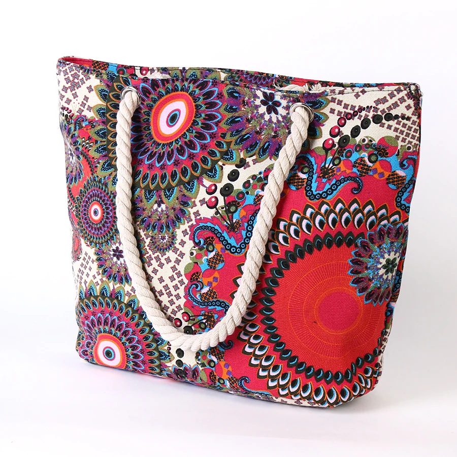 定制夏季波西米亚沙滩包女士帆布手提袋带绳索手柄