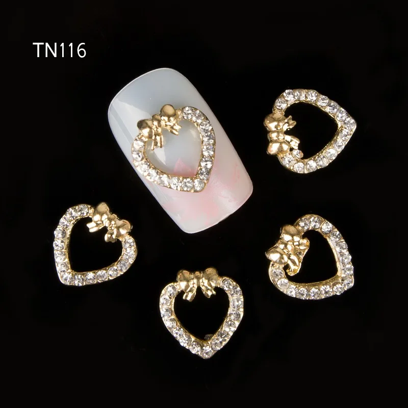 10pcs Golden Metal Heart Rhinestones 3d Nail Art Decorations Alloy Nail Stcikers Charms Jewelry for Nail