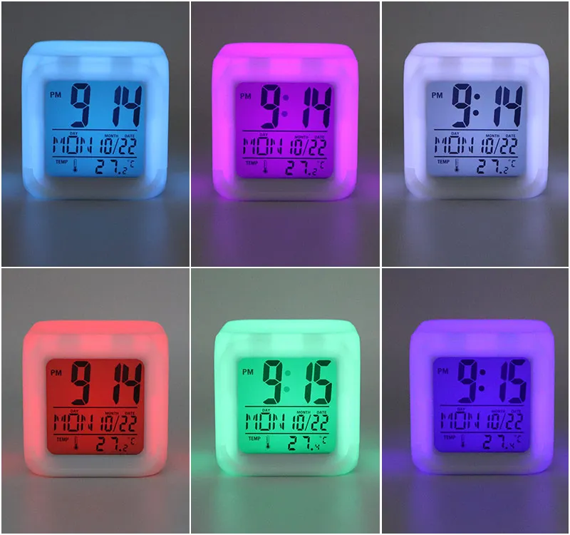 Мигающая хип-хоп Цвет меняющийся цифровой светодиодные часы с будильником, цифровые часы-будильник с 7 видов цветов