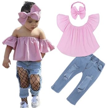 Toddler girl clothing boutique Off Shoulder tops + Hole Jeans + Hairband 3 pcs summer girl clothing set