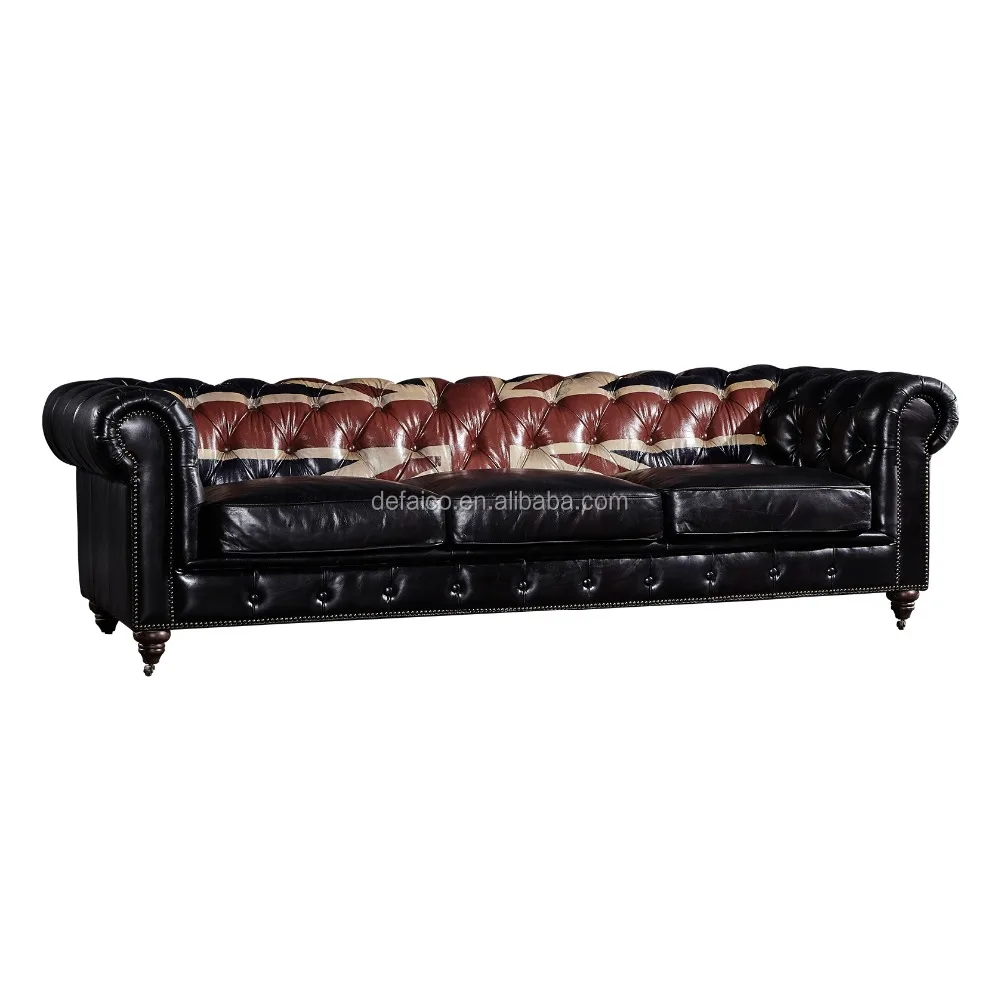 Wohnzimmer Vintage Tufted Echt leder Union Jack Flag Sofa Antikes Leder Chesterfield Sofa