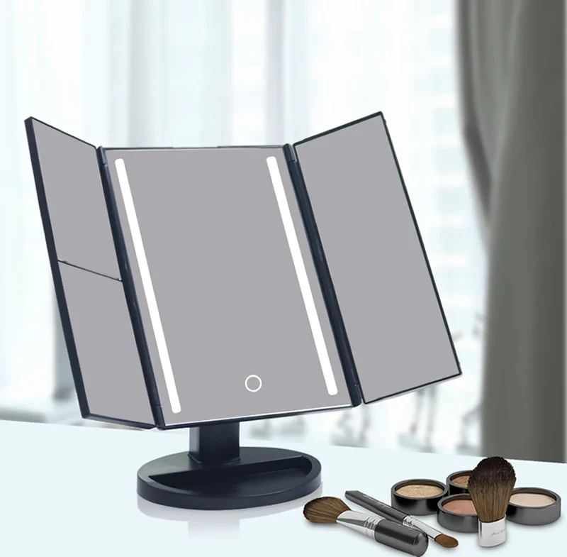 High Quality Personalized LED Light Vanity Mirror Square Trifold 1X2X3X10X Magnifying Makeup Mirror for Cosmetics