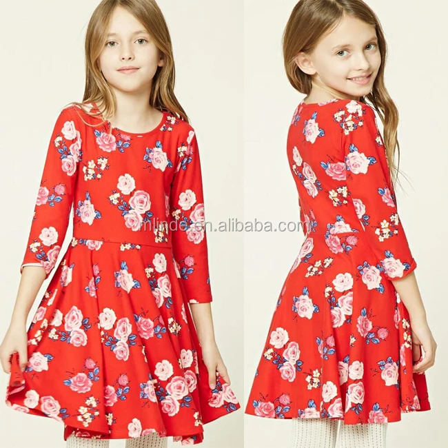Girls One Piece Dress Wholesale Lovely Puffy Style Trendy 3 4 Sleeves Floral Print Swing Red Simple Design Dress For Girls Buy Girls One Piece Dress Designer Cotton Dresses For Girls Simple Design Dress