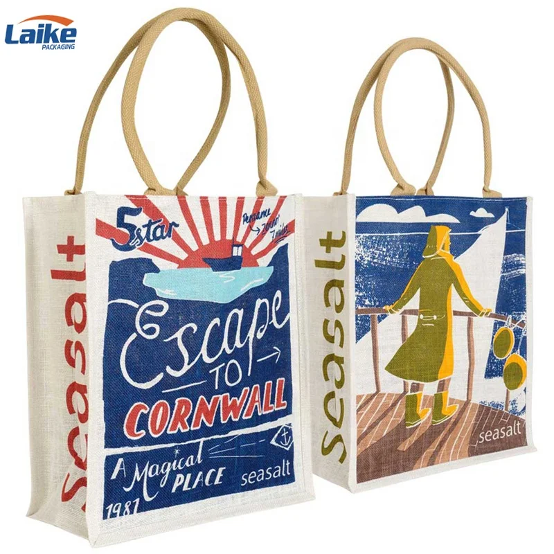 Cheap Promotional Natural Color Laminated Reusable Eco Shopping Jute Bag Tote Bags with Custom Printed logo