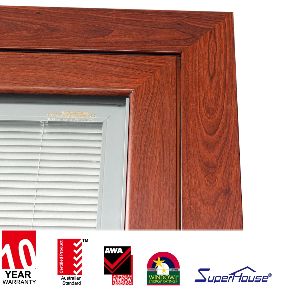 Aluminum Tempered Glass Wooden Color Hinged French Casement Doors with Blinds in