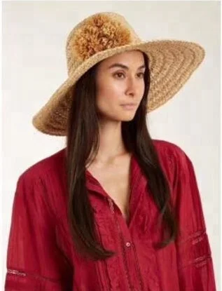 High End Custom Design Women Raffia Straw Hat With Pom Pom Ball