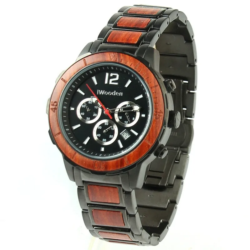 Latest men wood chronograph watches handmade custom logo functional wood wrist watch