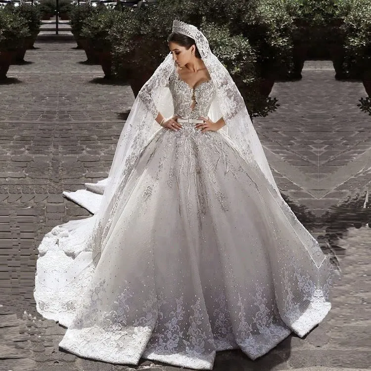 品牌设计与新娘vei豪华婚纱礼服长袖串珠花边装饰新娘礼服