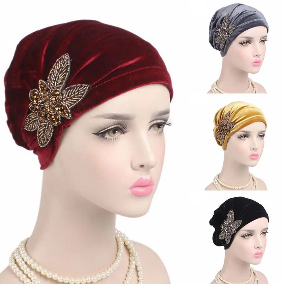 AM_ Women Flower  Cancer Chemo Velvet Hat Turban Head Wrap  Showy