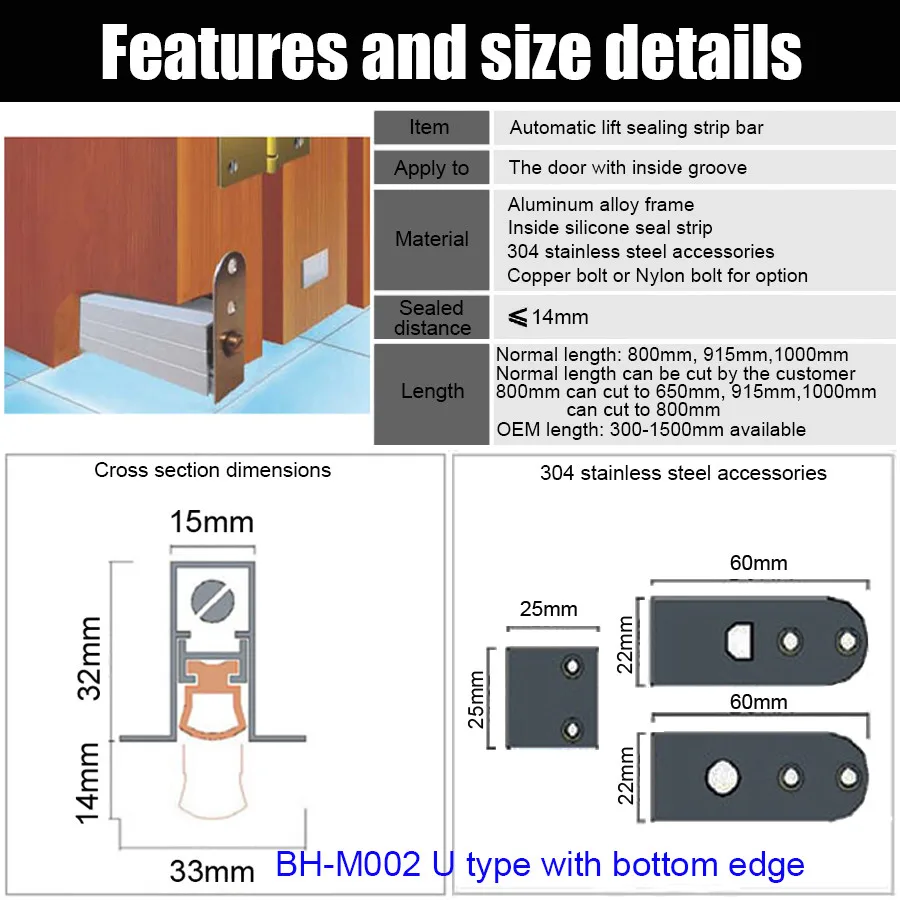 800mm Aluminium Profile Weatherstripping Automatical Drop Down Door Bottom Seals U Type Edge Sealing Bar for Wooden Door M002
