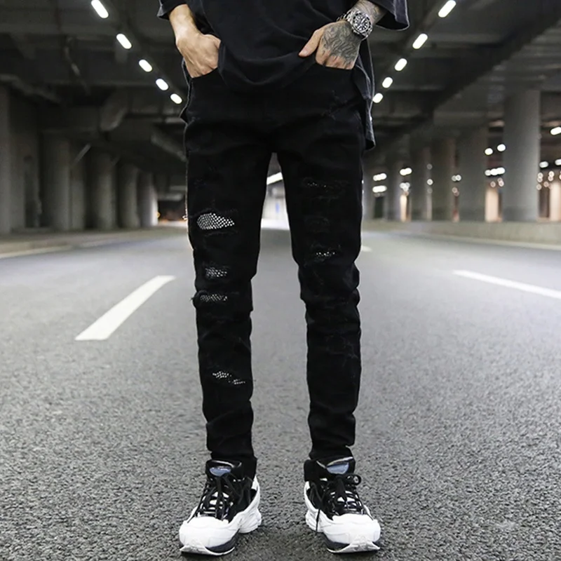 OEM Fog Straight Skinny Feet Knee Hole Ripped Patchwork Jeans Men Stretch  Slim Fit Pockets Street Pants Stock Dropshipping