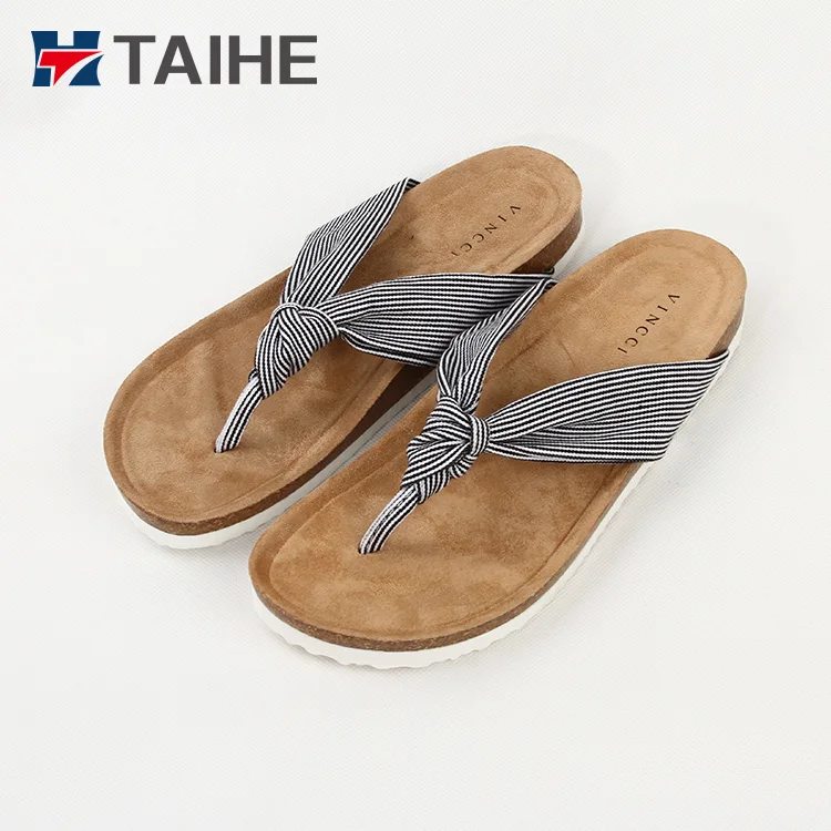 Latest Ladies Cork Flip Flops Slippers Shoes and Sandals Wood Rubber Beach Sandals CN Cotton Fabric Customized Pu for Adult