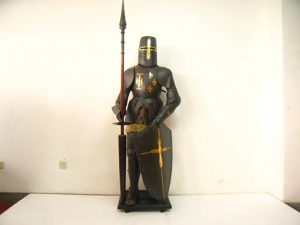 Bronze Armored Knight and Horse with Jousting LanceMedieval Sculpture