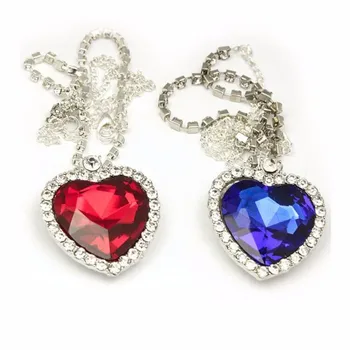 Beautiful custom silver jewelry red women large gold pendant crystal blue ocean titanic stainless steel heart necklace