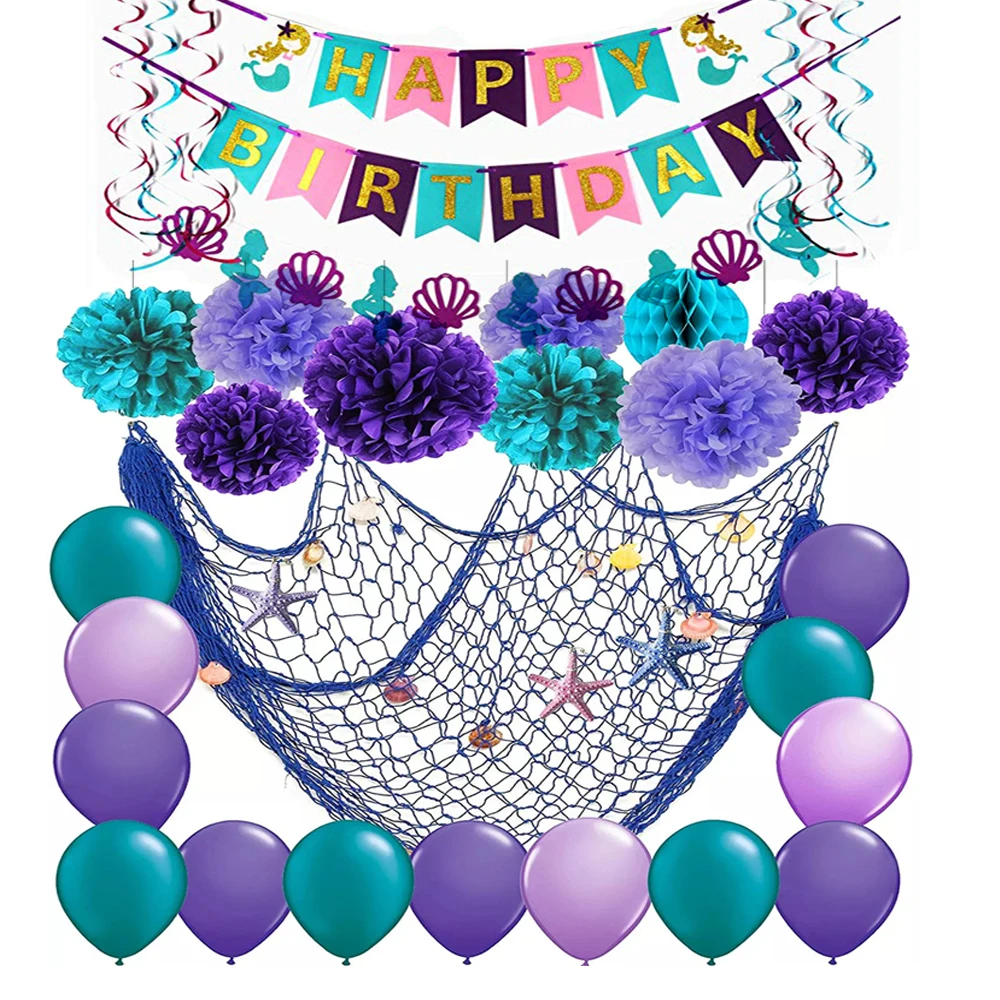 Mermaid Party Decorations Set,Under The Sea Party Supply Mermaid Birthday Party Supplies Decorative Fish Net,Happy Birthday Banner,Balloons,Pom Poms,Cake Toppers,Hanging Swirl 