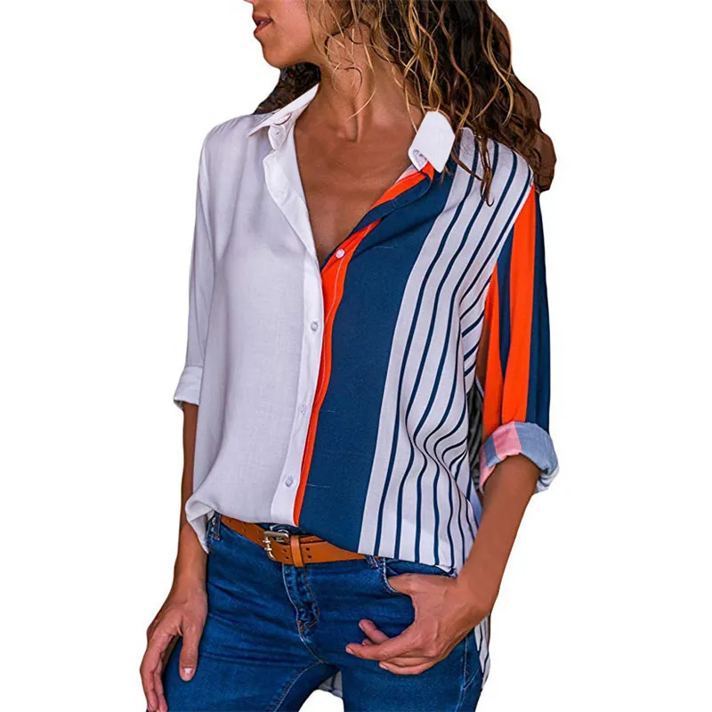 Ropa De Moda Para Mujer,Camisas De Rayas Con Botones,Blusas De Trabajo Informales Con Cuello En V Y Manga Enrollable - Buy Camisas Abotonadas, De Trabajo Casuales,Camiseta De Manga Enrollable Product on Alibaba.com