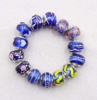Wholesale Mix in Bulk Blue Series Silver Plated Core Large Hole Beads Murano Glass Big Hole Beads European Bracelet Charms