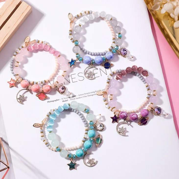 Simple Fresh Multi Layer Star Moon Cat Eye Crystal Bracelet for Women