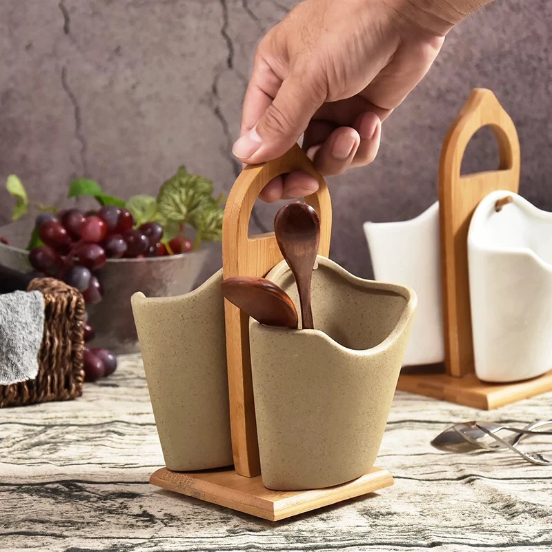 Wholesale restaurant 2 hanging bags flatware ceramic restaurant cutlery holder with wood stand