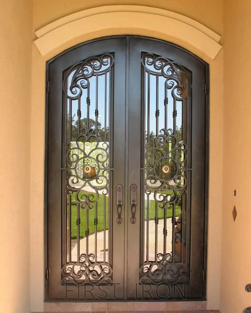 Front iron pipe door design, elegant wrought iron front entry double eyebrow top door