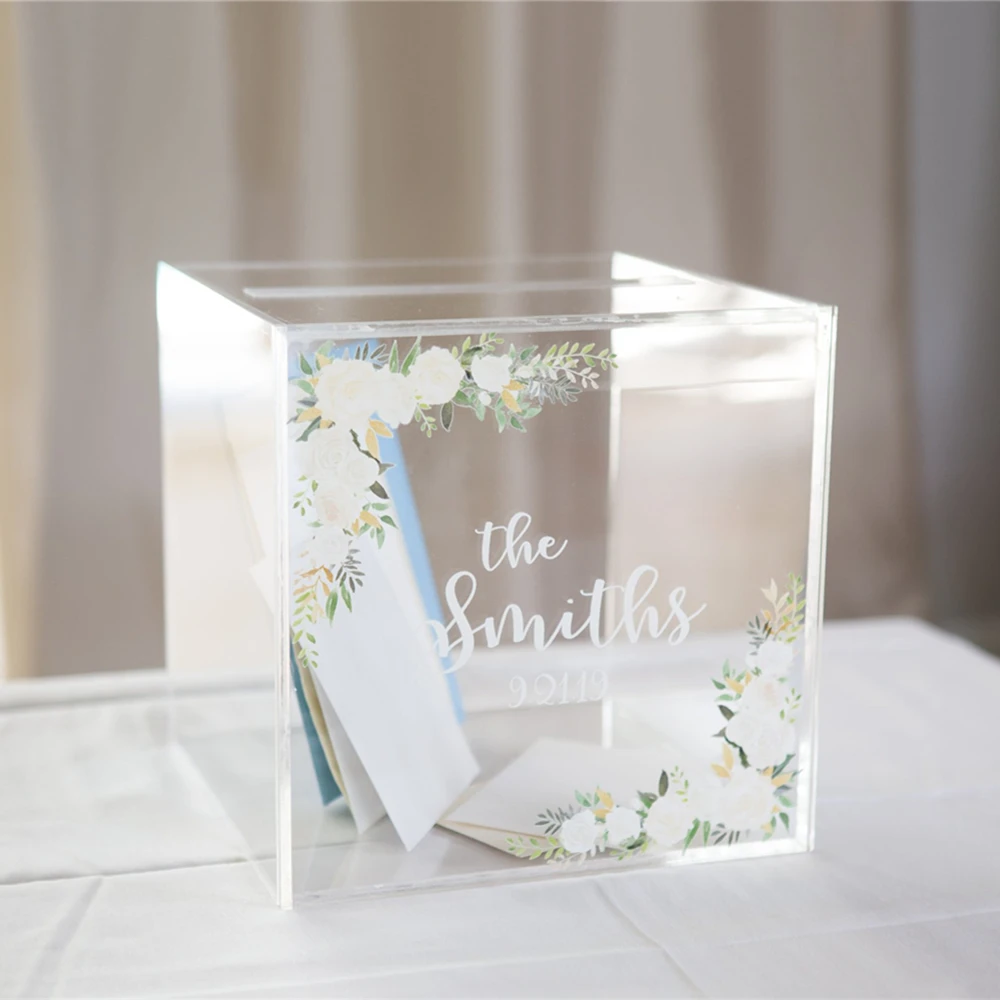 Large Personalized Clear Acrylic Wedding Card Box With Floral Design Names Wedding Date Buy 2904