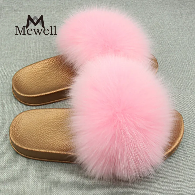 Mùa đông Lông Thú Thật Phụ Nữ Home Dép Thời Trang Cô Gái Gót Chân Phẳng Fox Fur Đi Trong Nhà