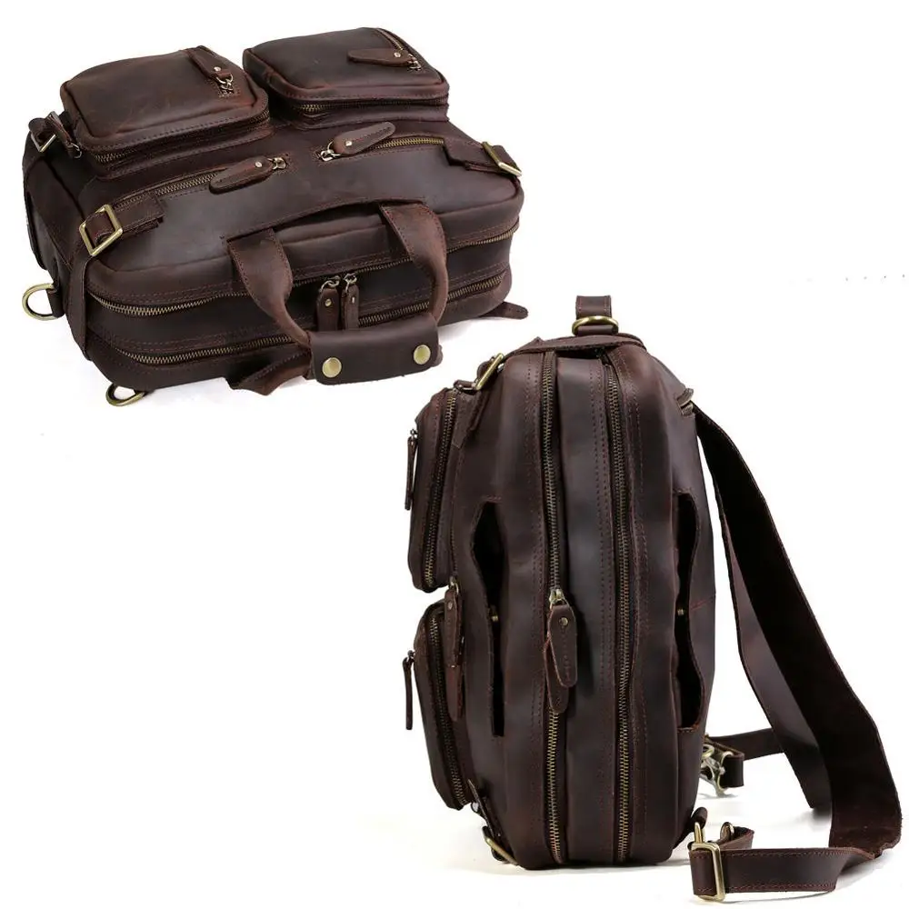 Tiding Men Expandable Genuine Leather Briefcase Convertible Backpack Shoulder Laptop Bag