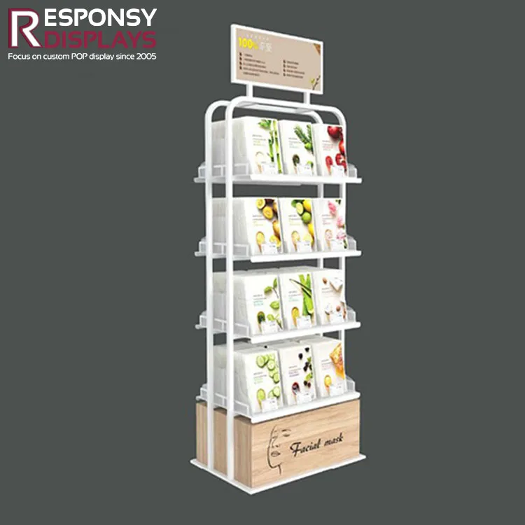 Metal Floor Standing Cosmetic Display Rack with Multi Tier Shelves and Large Back Panel for Lipstick Perfume Foundation in Shops