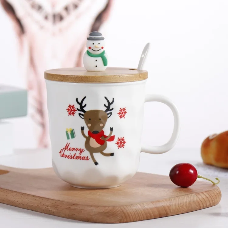 Christmas Ceramic Mugs, 380ml Reindeer Coffee Cups with Spoon