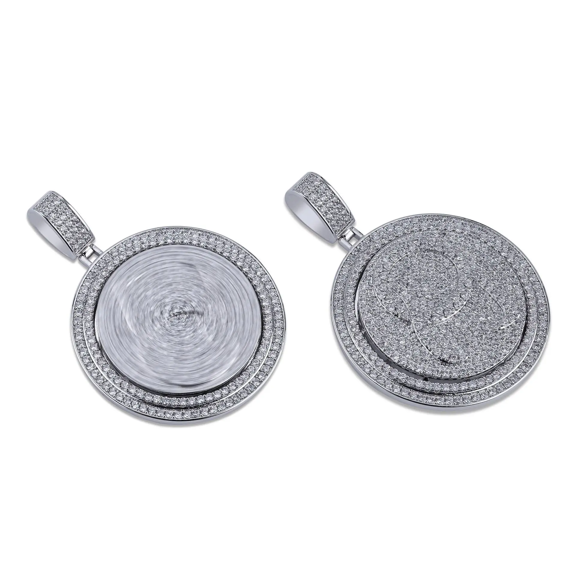 Rapper Migos QC Revolving Double Disc Zircon Coin Pendant Necklace