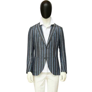Italian Cotton Men's Casual Blazer Two-Button Single Breasted Notched Collar Anti-Wrinkle Windproof Grey Blue Strips Plus Size