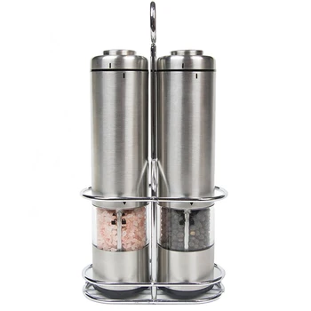 Battery Operated Salt and Pepper Grinder Set - Electric Stainless Steel Salt&Pepper Mills(2) - Tall Power Shakers with Stand