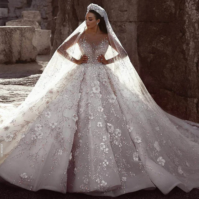 Luxury Crystal luxury Wedding Dresses china Turkey Istanbul Guangzhou Manufacturer Long Tail Ball Gown Wedding Dress For Women